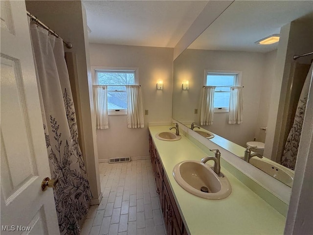 bathroom featuring visible vents, a sink, and double vanity