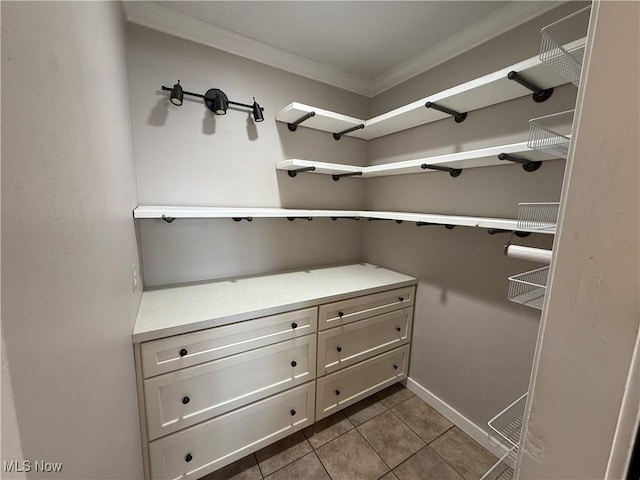 spacious closet featuring dark tile patterned floors