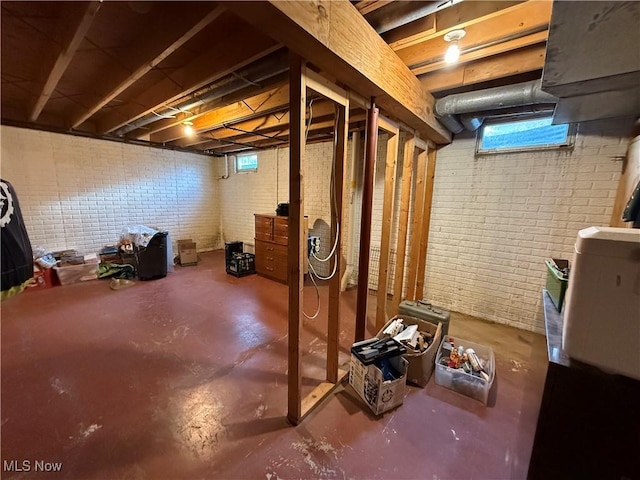 basement with brick wall