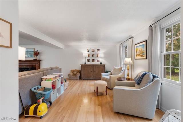 sitting room featuring a brick fireplace and wood finished floors