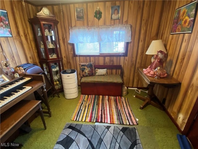 living area featuring carpet and wooden walls