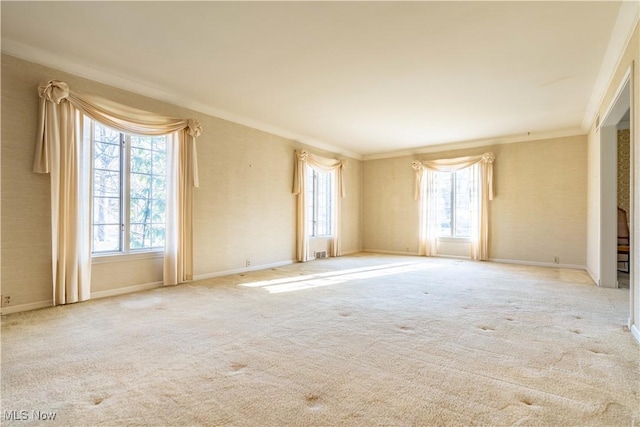 carpeted empty room featuring crown molding and baseboards