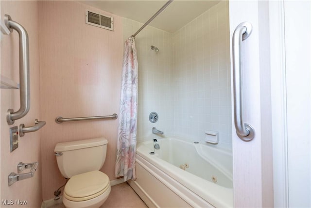 full bathroom with visible vents, shower / bathtub combination with curtain, toilet, and tile patterned floors