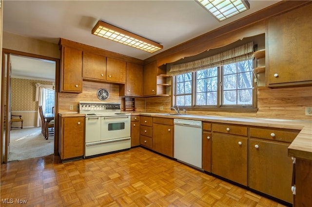 kitchen featuring brown cabinets, white appliances, wallpapered walls, and open shelves