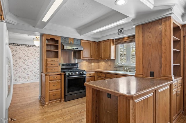 kitchen with open shelves, freestanding refrigerator, a sink, stainless steel gas range, and extractor fan