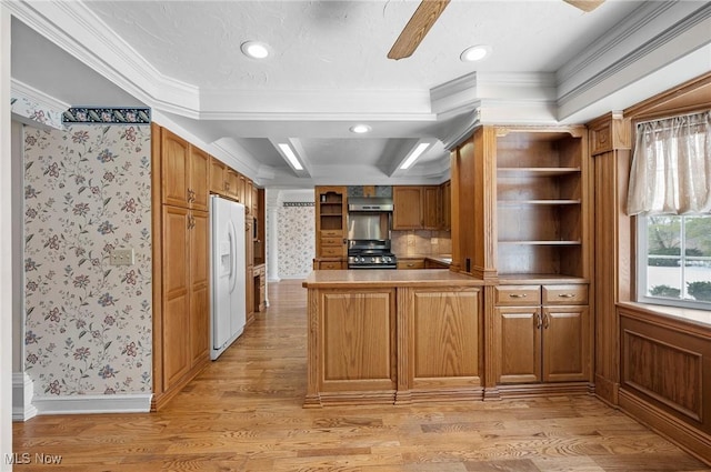 kitchen with open shelves, white refrigerator with ice dispenser, stainless steel range, and a peninsula