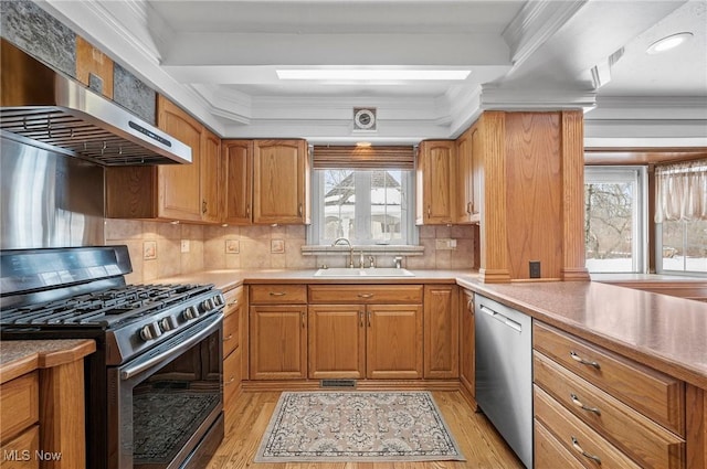 kitchen featuring light countertops, appliances with stainless steel finishes, ornamental molding, a sink, and wall chimney exhaust hood