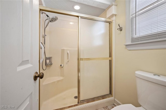 full bath featuring toilet and a shower stall