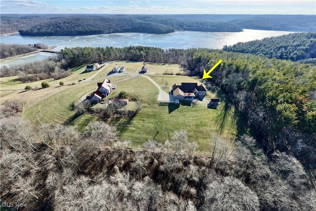 birds eye view of property with a water view and a wooded view