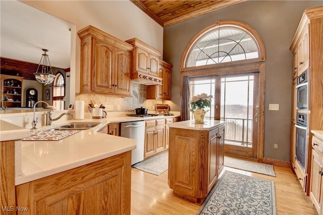 kitchen with light countertops, a peninsula, and stainless steel appliances