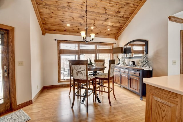 dining space with lofted ceiling, a notable chandelier, wood ceiling, light wood finished floors, and crown molding