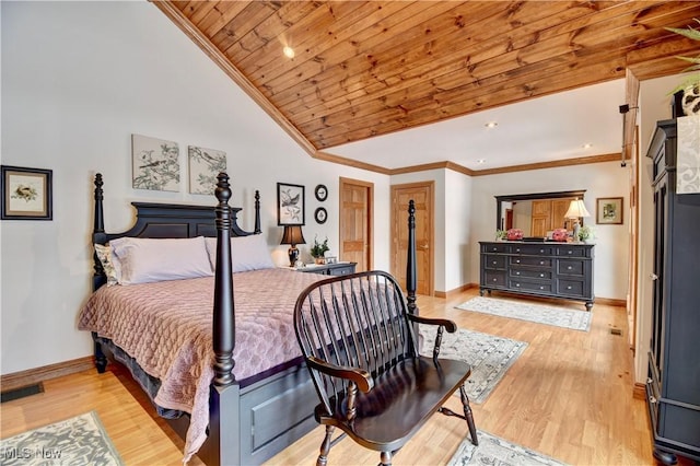 bedroom with ornamental molding, light wood-style floors, vaulted ceiling, wooden ceiling, and baseboards