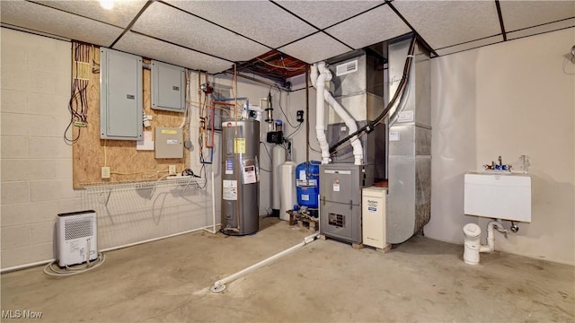 utilities featuring heating unit, electric panel, a sink, and electric water heater