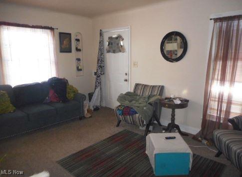 living room featuring dark colored carpet