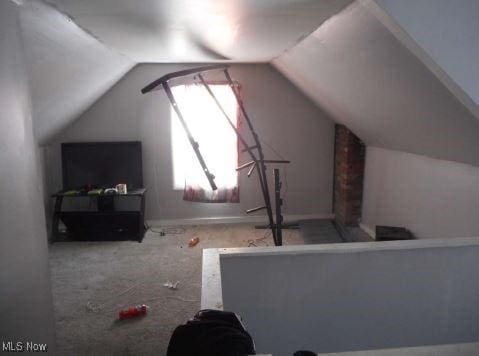 additional living space featuring vaulted ceiling and carpet flooring