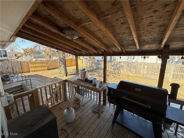 wooden deck featuring grilling area and a fenced backyard