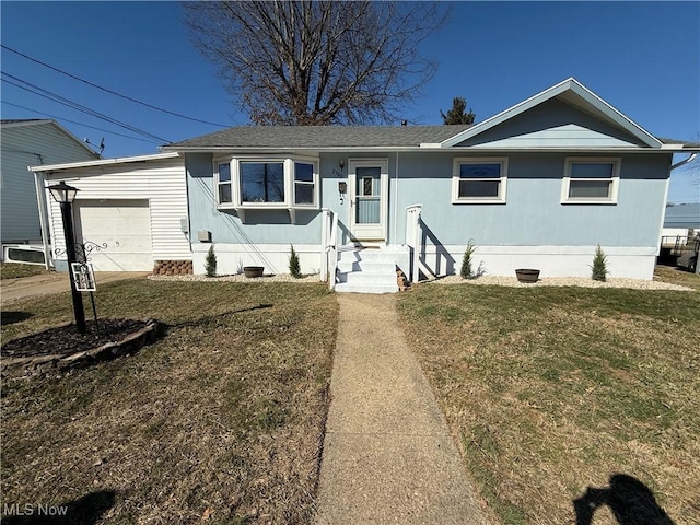 single story home featuring a shingled roof, crawl space, an attached garage, and a front yard