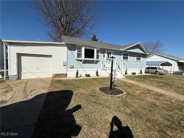 ranch-style house with a garage, driveway, a front lawn, and crawl space