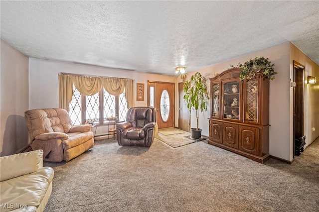 living area featuring carpet flooring and a textured ceiling