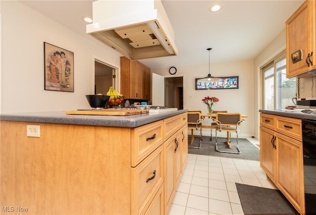 kitchen with pendant lighting, light tile patterned floors, dark countertops, recessed lighting, and premium range hood