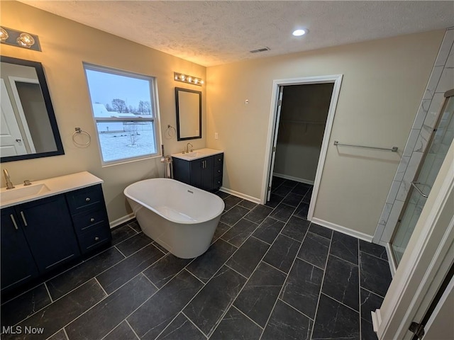 bathroom featuring baseboards, visible vents, a soaking tub, a textured ceiling, and a sink