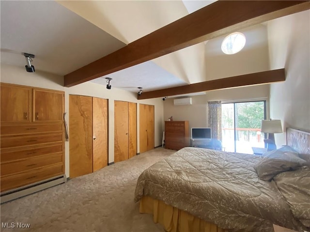 bedroom featuring light carpet, a baseboard radiator, beamed ceiling, a wall mounted air conditioner, and multiple closets