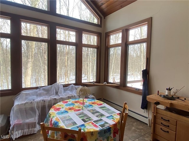 interior space featuring wood ceiling, a baseboard heating unit, and vaulted ceiling