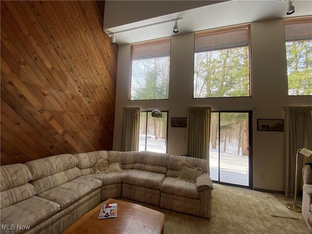 living room featuring a high ceiling, light colored carpet, and wooden walls