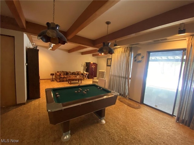 game room featuring carpet, billiards, visible vents, and beamed ceiling