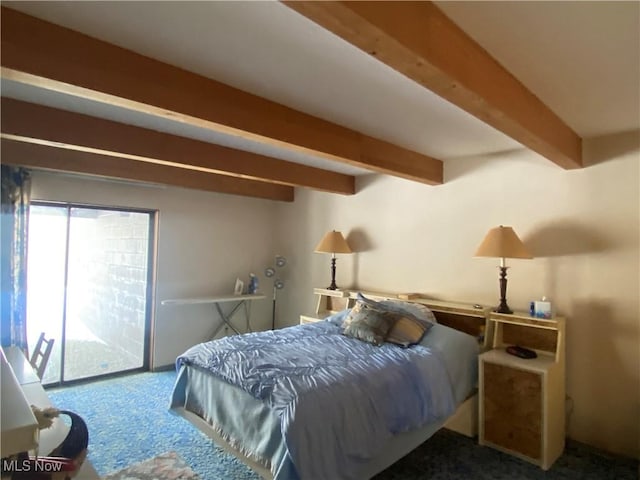 bedroom with access to exterior, carpet flooring, and beamed ceiling