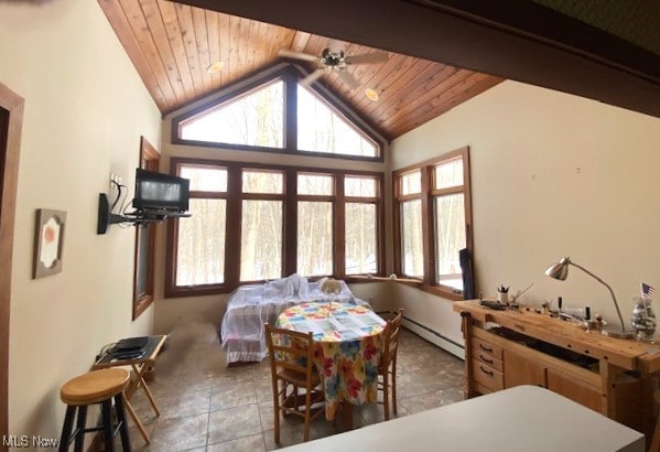 tiled bedroom with vaulted ceiling with beams, wood ceiling, and multiple windows