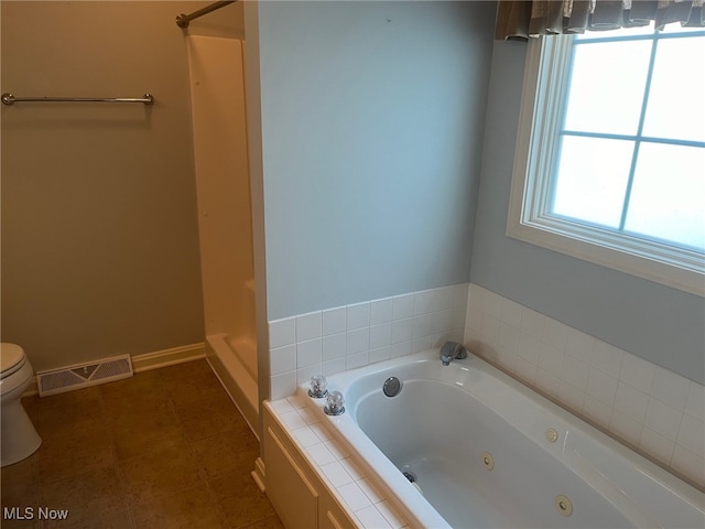 full bath featuring a jetted tub, visible vents, a walk in shower, and toilet