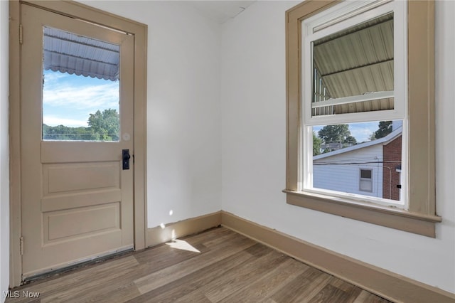 doorway with baseboards and wood finished floors