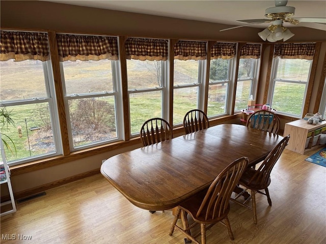 dining space with light wood-type flooring, ceiling fan, visible vents, and baseboards