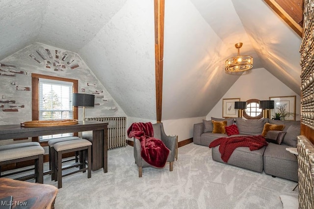 interior space with light carpet, a textured ceiling, and lofted ceiling