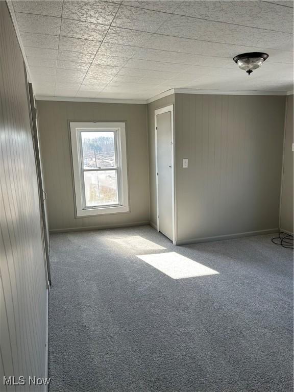 spare room with ornamental molding, carpet, and baseboards