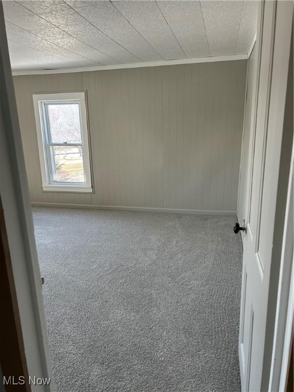 spare room with carpet, baseboards, a textured ceiling, and ornamental molding