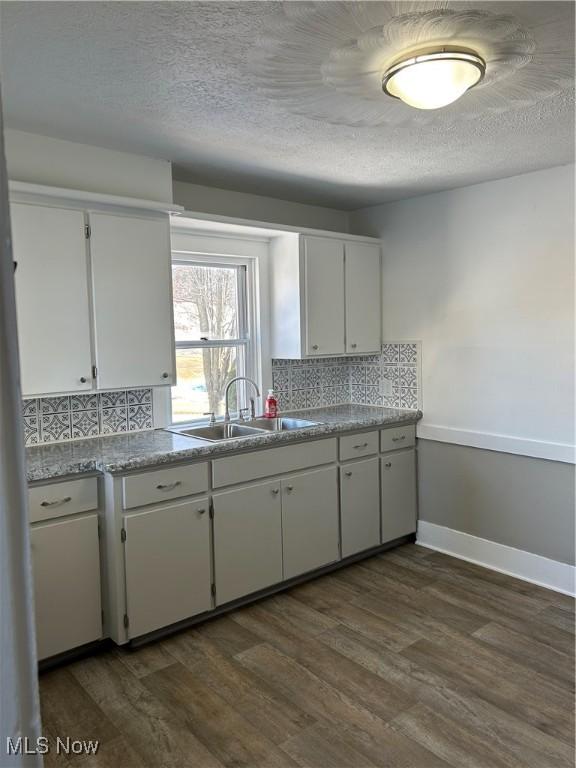 kitchen featuring light countertops, decorative backsplash, dark wood-type flooring, white cabinets, and a sink