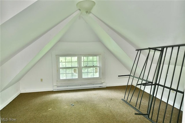 additional living space featuring carpet floors, baseboards, vaulted ceiling, and baseboard heating