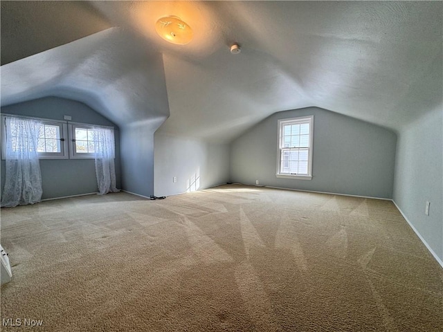 additional living space with a wealth of natural light, light carpet, vaulted ceiling, and a textured ceiling