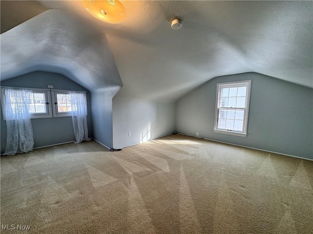 additional living space featuring a textured ceiling, vaulted ceiling, and light colored carpet