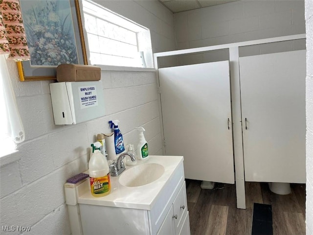 bathroom with wood finished floors and vanity