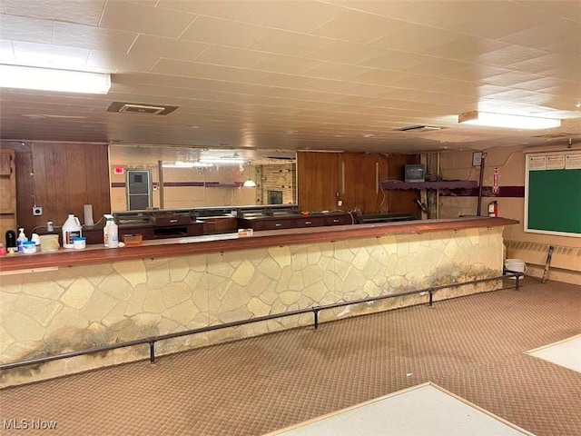 interior space featuring wood walls, carpet, and visible vents