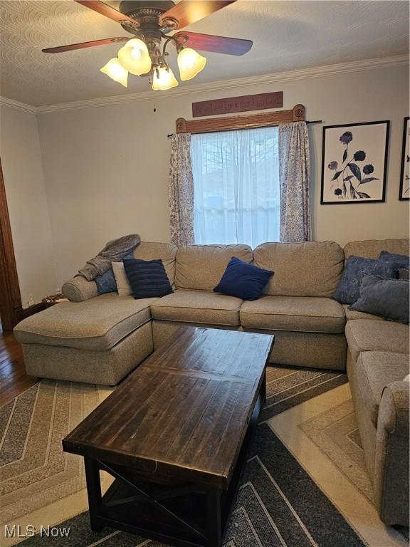 living room featuring ornamental molding, wood finished floors, and a ceiling fan