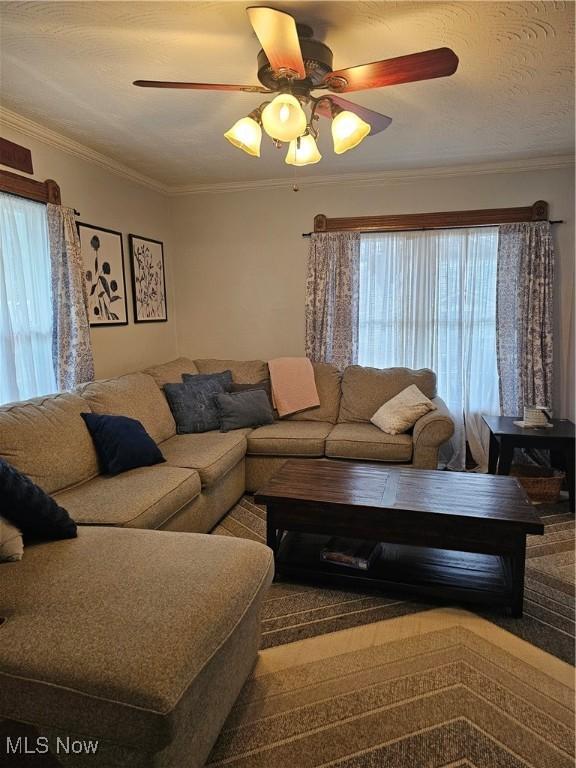 living room featuring ornamental molding and a ceiling fan