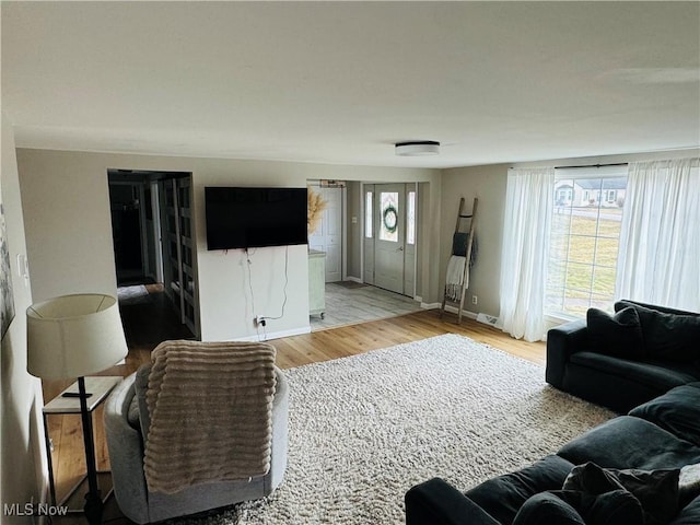 living room with baseboards and wood finished floors