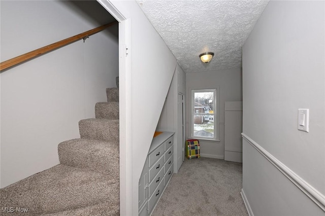 stairway with carpet and a textured ceiling