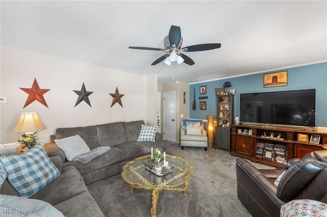 living room with light carpet and a ceiling fan