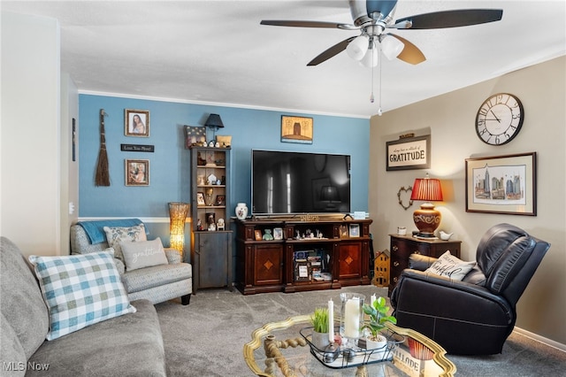 28628 Aspen Dr, North Olmsted, OH 44070 - living room with carpet floors, ceiling fan, and ornamental molding