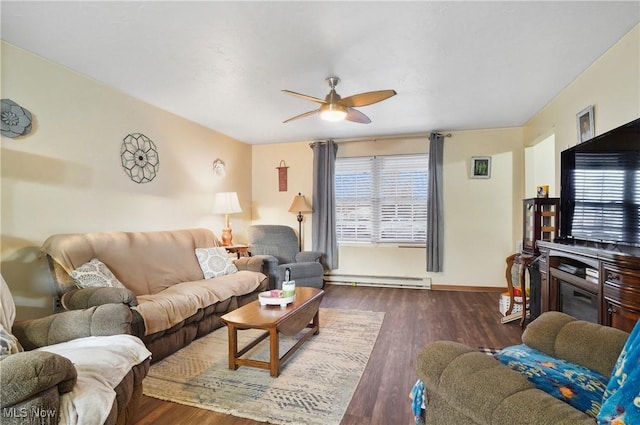 living room featuring baseboards, dark wood finished floors, baseboard heating, and ceiling fan